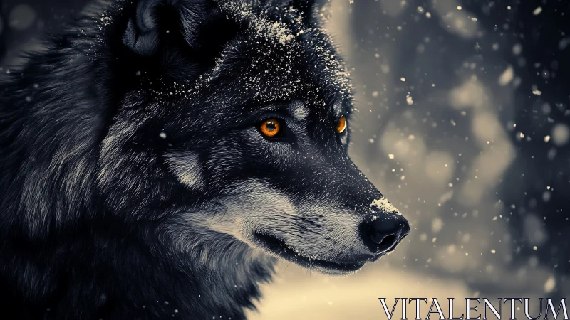 Majestic wolf gazes through falling snow in wintry silence.