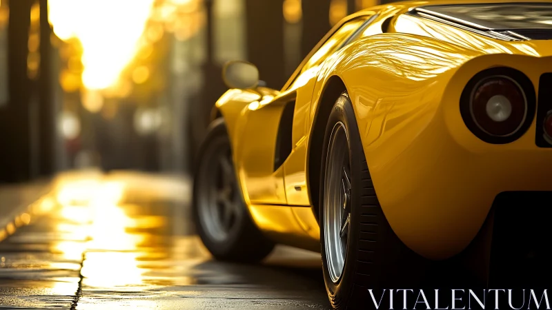 Yellow sports car rear view on reflective sunlit street.