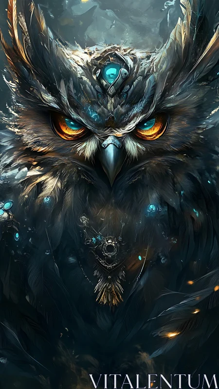 Mystic cyber-owl glares through stormlit crystalline feathers