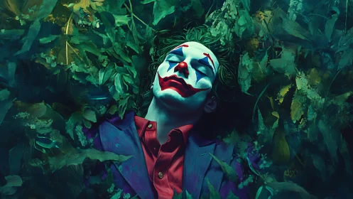 Clown-faced figure reclines in painterly emerald foliage.
