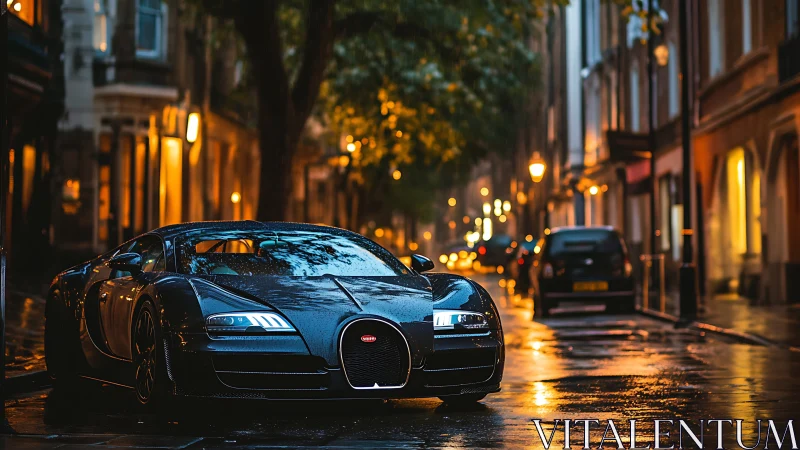 Black hypercar on wet city street under warm night lights.
