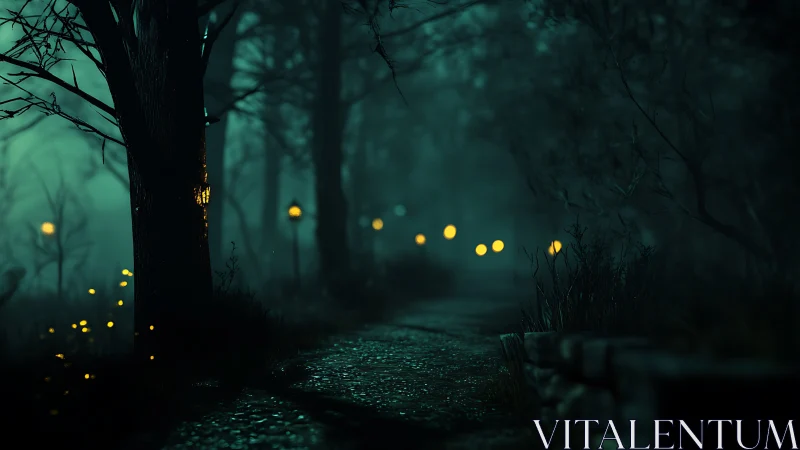 Nocturnal forest path illuminated by atmospheric bokeh lanterns