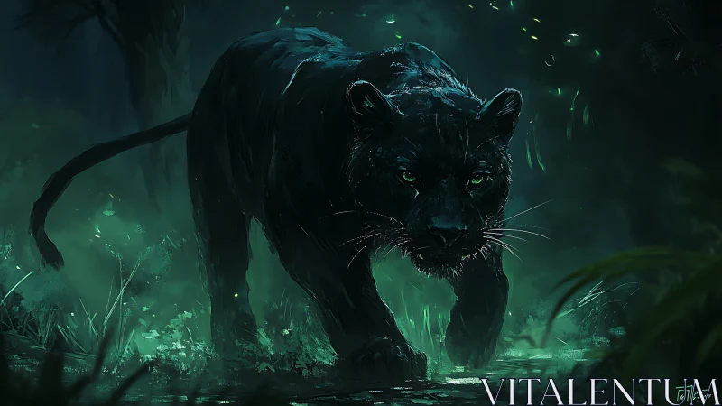Shadowy Panther: Mystical Beast Emerges in Enchanted Green Mist