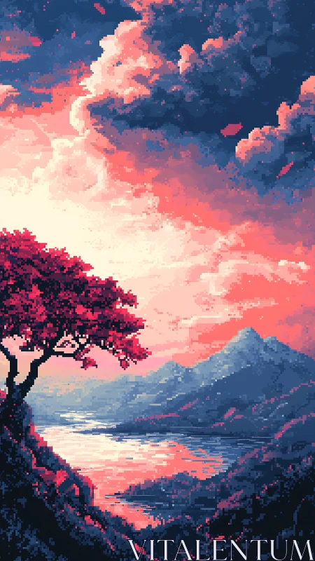 Pixel landscape with lake, mountains and red tree at dusk.