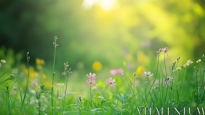 Wildflower Meadow in Soft Focus: Pink and Yellow Blooms.