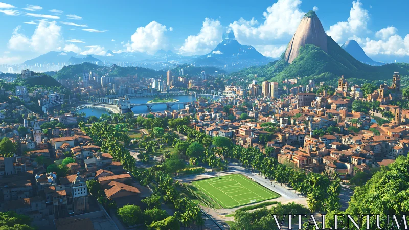Panoramic tropical cityscape renders sunlit mountains and bay