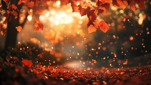 Backlit autumn leaves cascade through shallow-focus forest air