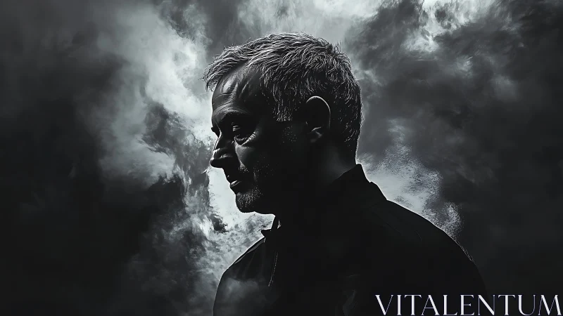 Stormlit profile of a brooding man carved from shadowed smoke.