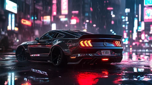 Cyberpunk muscle coupe under neon rain in wet city street