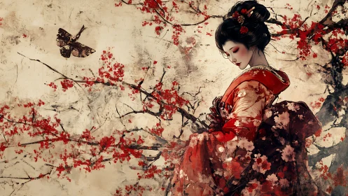Graceful geisha in red kimono amid soft cherry blossoms.