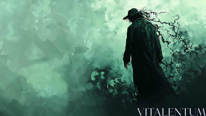 Solitary cloaked figure in abstract teal atmospheric haze.