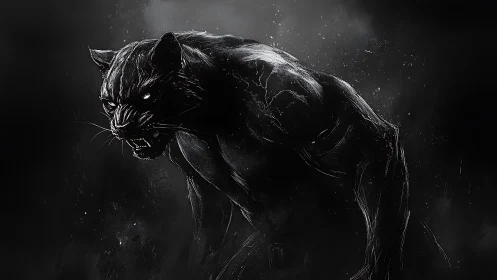 Midnight panther guardian poised in shadowy moonlit mist.