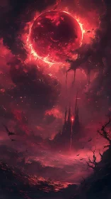 Blood-red eclipse over infernal spire citadel skyline.