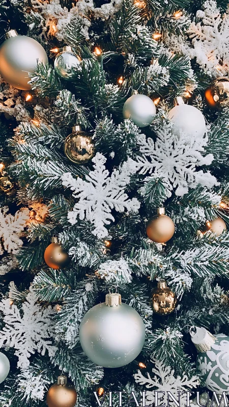 Snow-dusted Christmas tree displays metallic baubles and lights