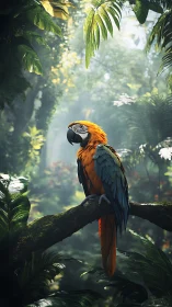 Golden macaw poised on mossy branch in misty rainforest.
