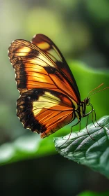 Sunlit orange butterfly poised delicately on lush leaf.