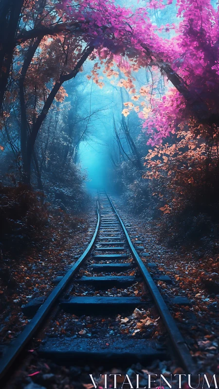 Vanishing railway under neon foliage gradients and atmospheric haze