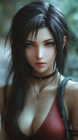 Blue-eyed warrior woman gazes forward in soft daylight