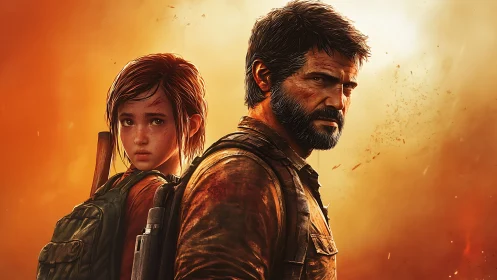 Two armed characters stand back to back against orange backdrop