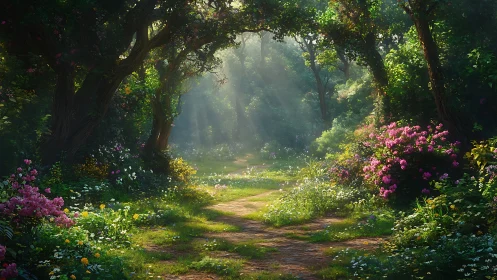 Enchanted forest pathway with flowering gardens and canopy light.