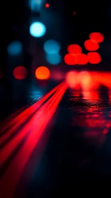 Neon red light trails slice through wet midnight asphalt.