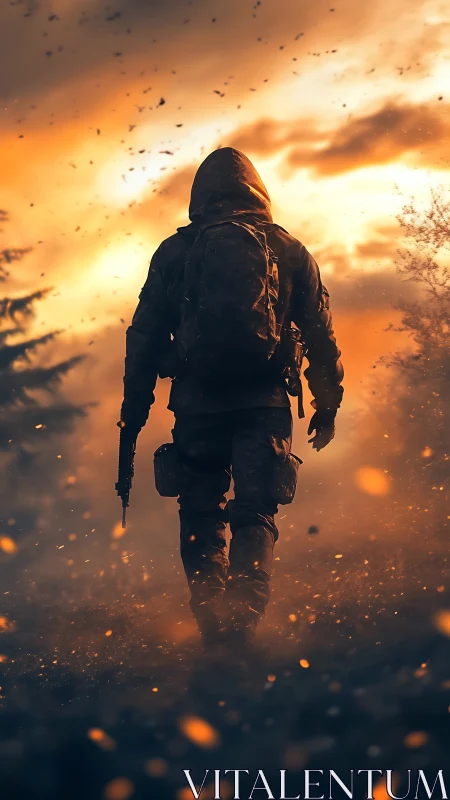 Armored soldier silhouette advances through ember‑lit battlefield haze