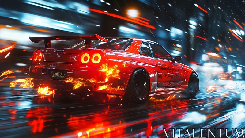 Red tuner sports car drifts through neon soaked city night