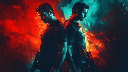 Dual-wielded destinies ignite in neon chaos and gunmetal fire.