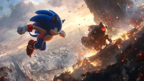 Blue anthropomorphic hedgehog confronting robotic foe midair.