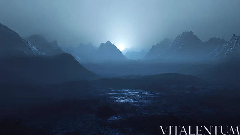 Cold blue mountains under low sun in misty silence.