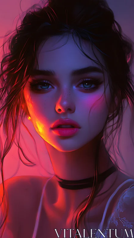 Digital portrait shows young woman in dramatic neon lighting