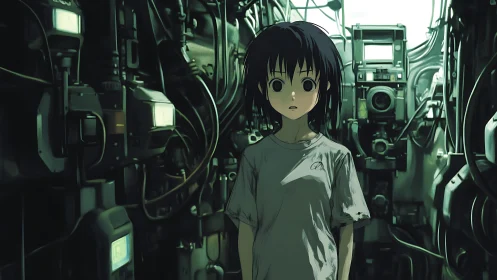 Quiet anime girl in a maze of humming cyber machines.