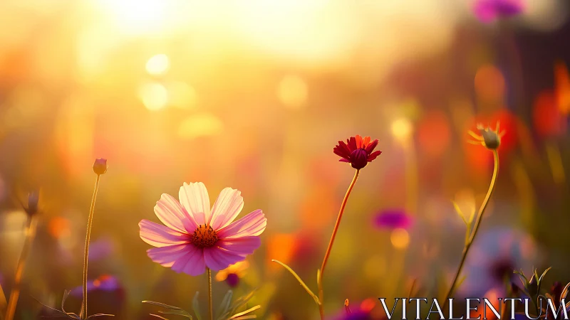 Golden Hour Garden: Cosmos Flowers in Soft Focus Light.