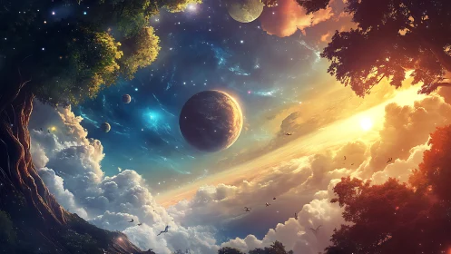 Sunlit sky meets cosmic night in a dreamlike horizon.