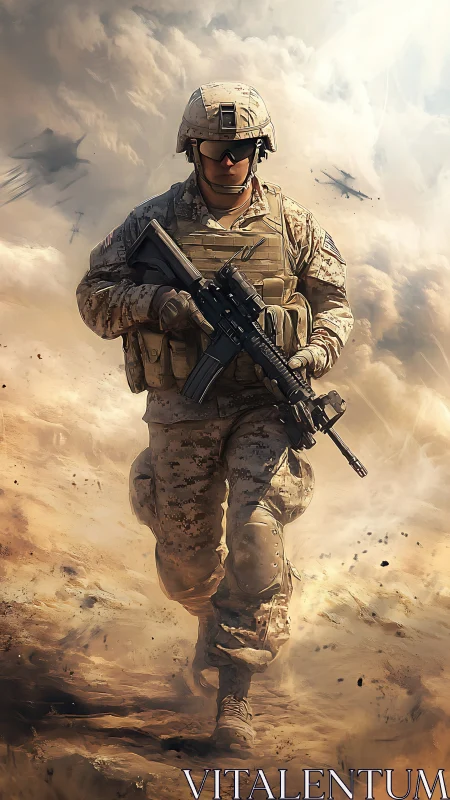 Calm stride through the stormy desert battlefield skies.