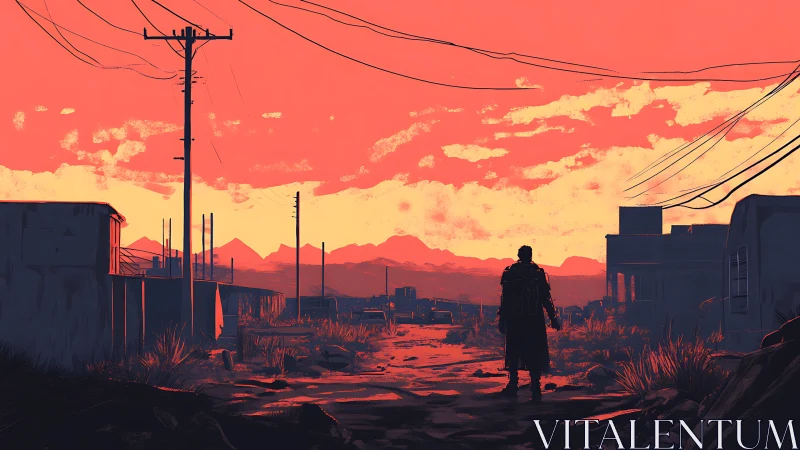 Rusted streets ignite as a lone wanderer meets the crimson dawn