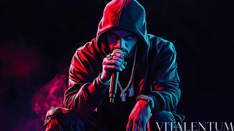Hooded neon rapper crouching in dramatic dual lighting.