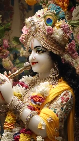 Krishna deity sculpture adorned with florals and jeweled regalia.