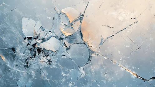 Close-up of shattered glass with soft blue and peach tones, abstract style.