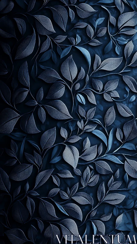Midnight leaf tapestry in sculpted blue metallic whispers.