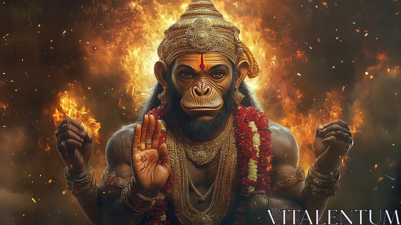 Simian warrior deity in flaming ceremonial regalia portrait.