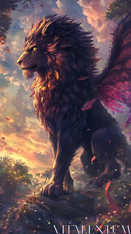 Winged leonine creature on rocky outcrop at sunset sky.