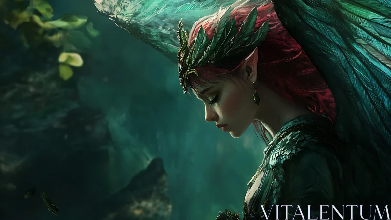 Forest winged elf queen in emerald backlight profile