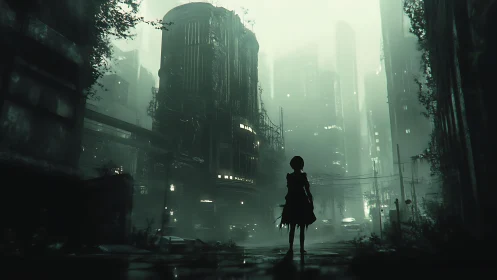 Lone wanderer gently explores a misty cyberpunk city street