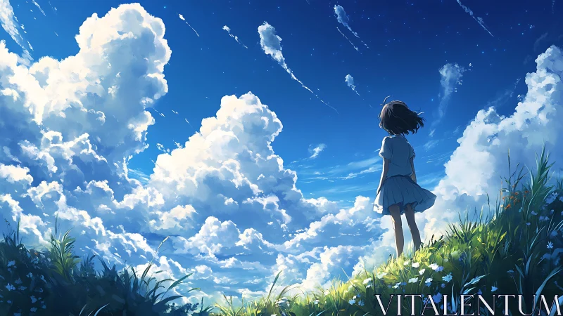 Girl on sunlit hill under towering cumulus clouds and sky trails