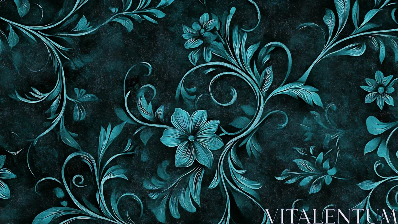 Nocturne teal vines curling through a shadowed floral dream.