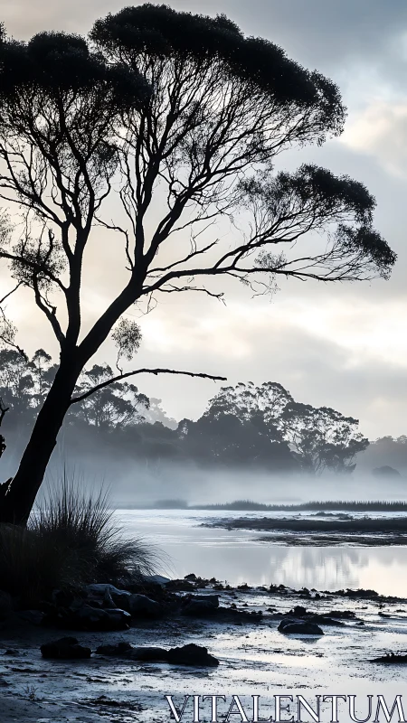 Silhouetted riverside trees in mist over calm reflective water.