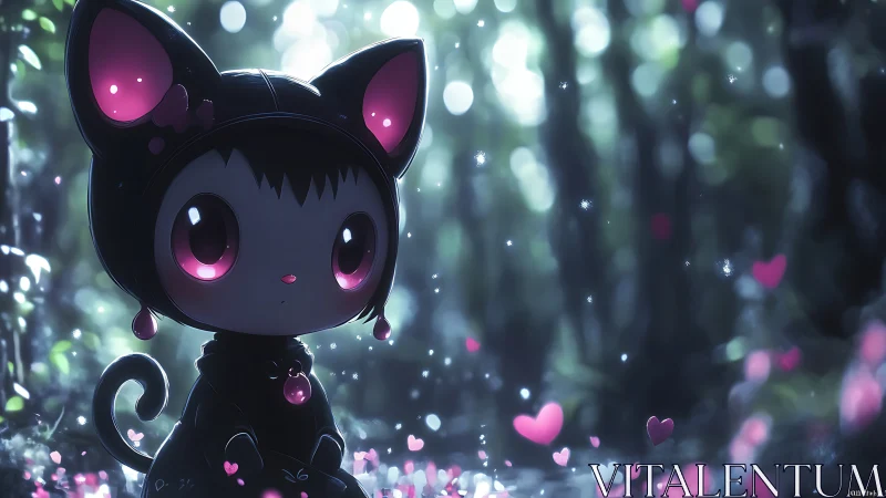 Luminescent chibi cat-figure in bokeh-saturated forestscape.