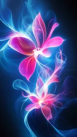 Neon bioluminescent flowers in swirling ethereal light field.