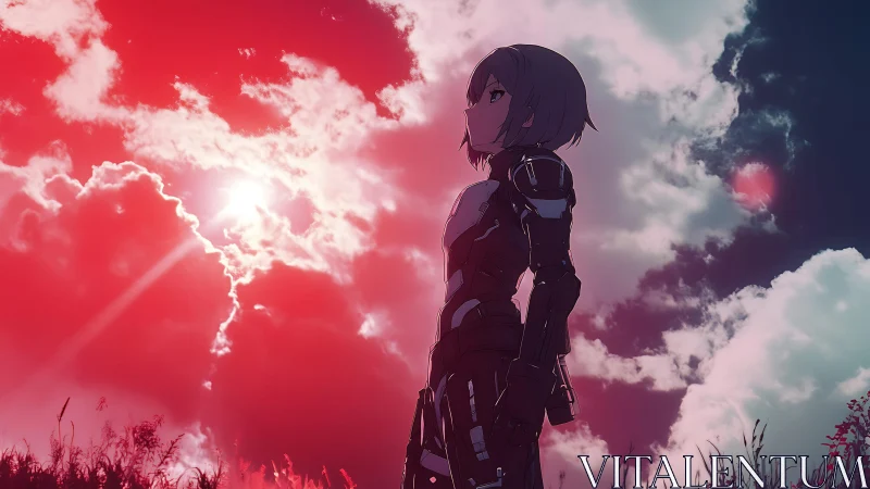 Armored anime sentinel under radiant red sky. Period.